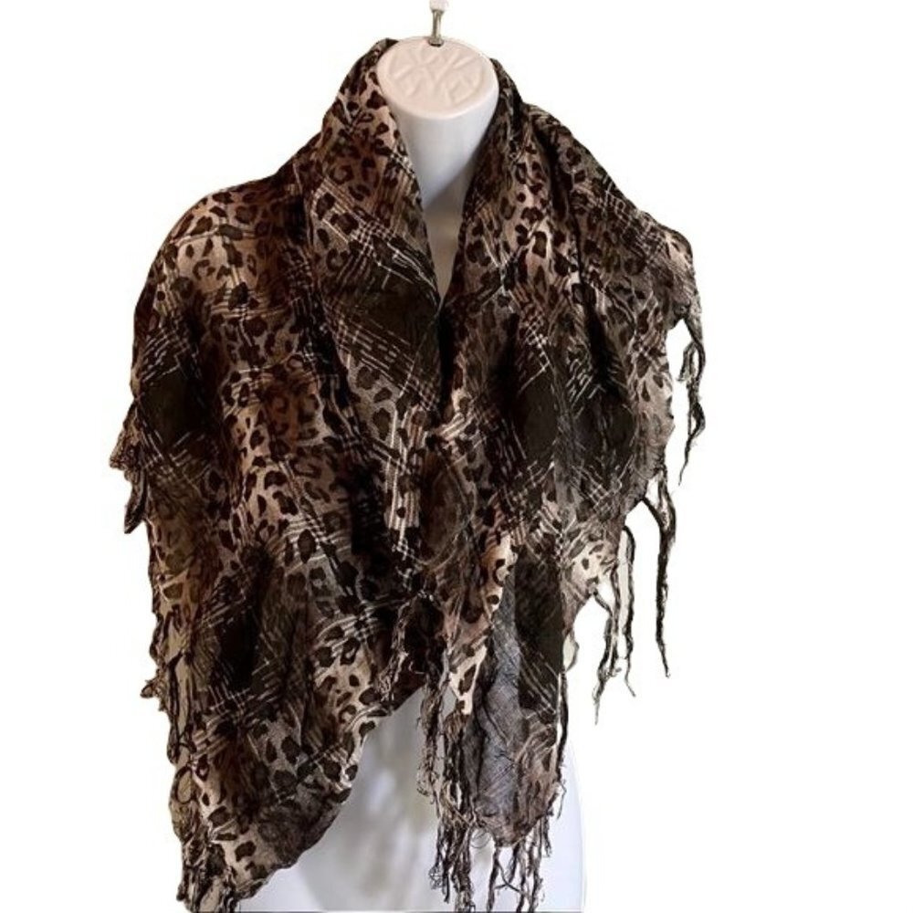 Animal Print Woven Scarf with Fringe